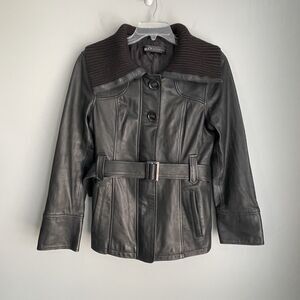 100% Genuine Leather Belted Jacket Women's Large Reilly Olmes Wide Knit Collar